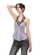 JYOSEI Light Purple Sequin Satin Loose Open Back Halter Women's Camisoles