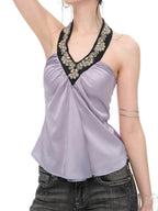 JYOSEI Light Purple Sequin Satin Loose Open Back Halter Women's Camisoles