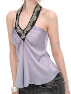 JYOSEI Light Purple Sequin Satin Loose Open Back Halter Women's Camisoles