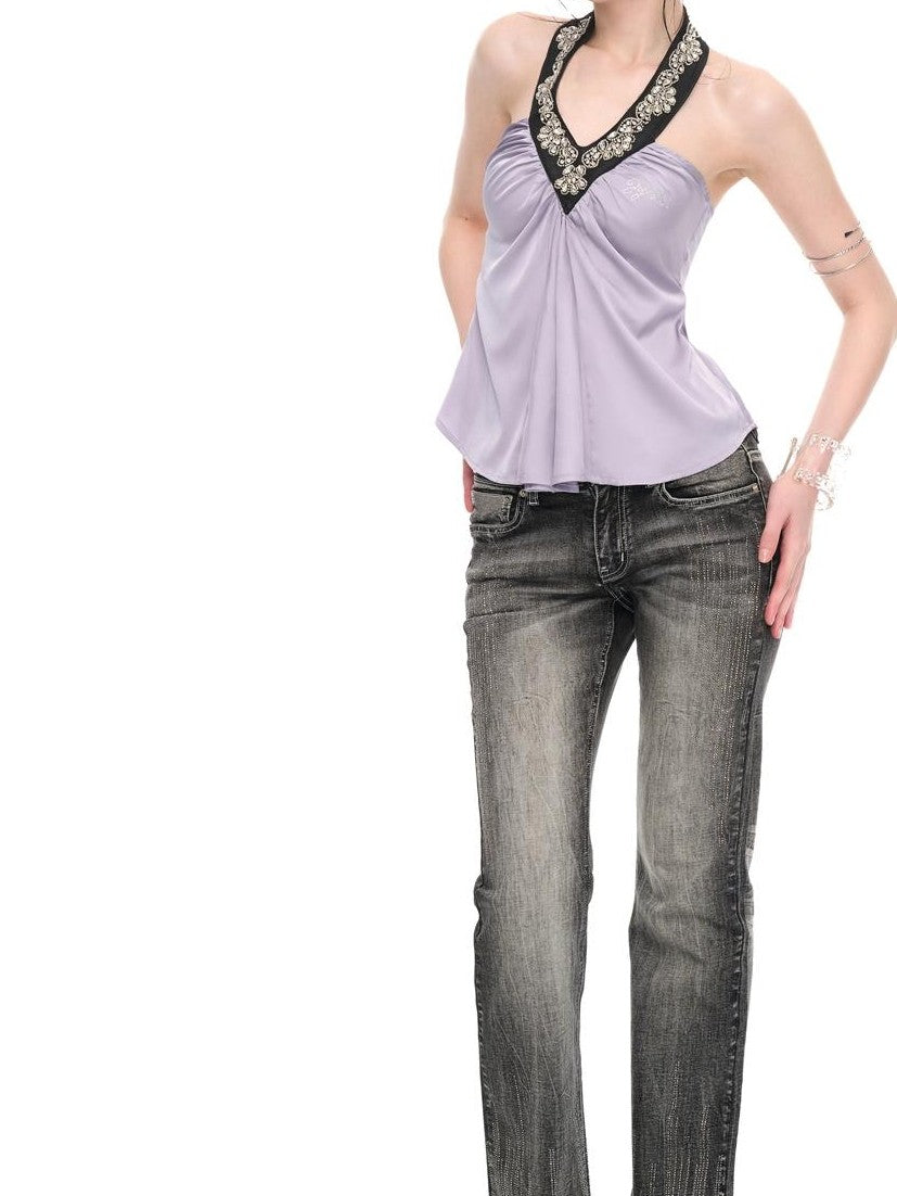 JYOSEI Light Purple Sequin Satin Loose Open Back Halter Women's Camisoles