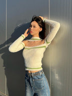 JYOSEI Off Shoulder Cutout Back Colorblock Faux Mink Women's Knit Sweaters
