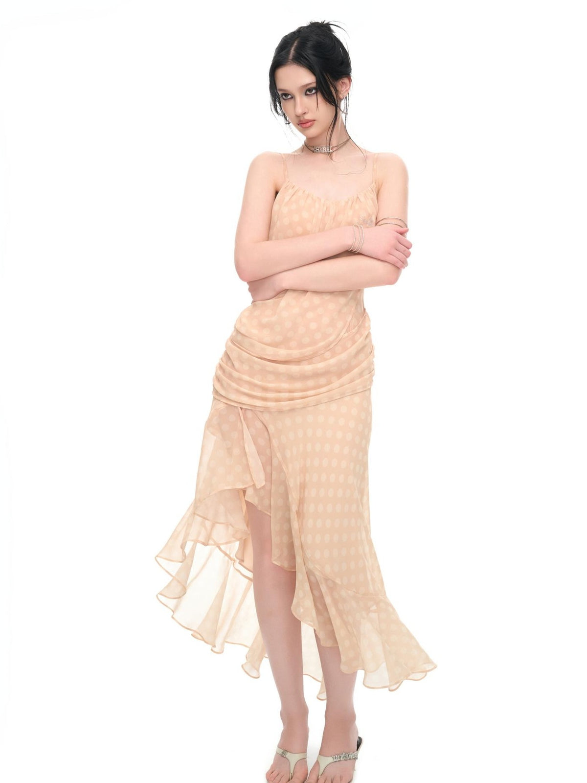 JYOSEI Polka Dot Ruffle Trim Chiffon Women's Slip Maxi Dresses
