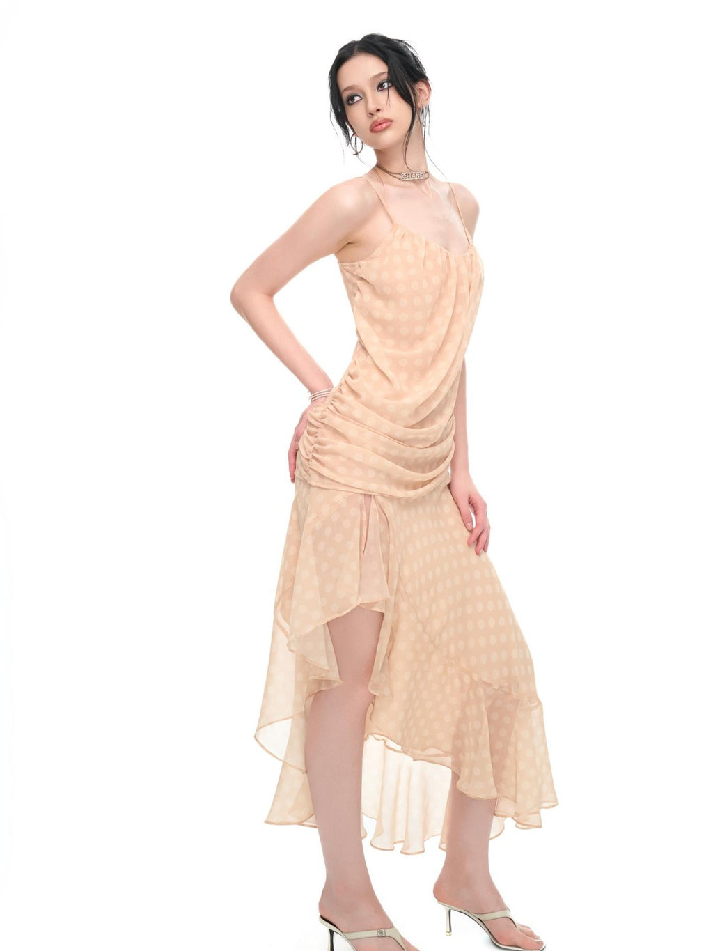 JYOSEI Polka Dot Ruffle Trim Chiffon Women's Slip Maxi Dresses