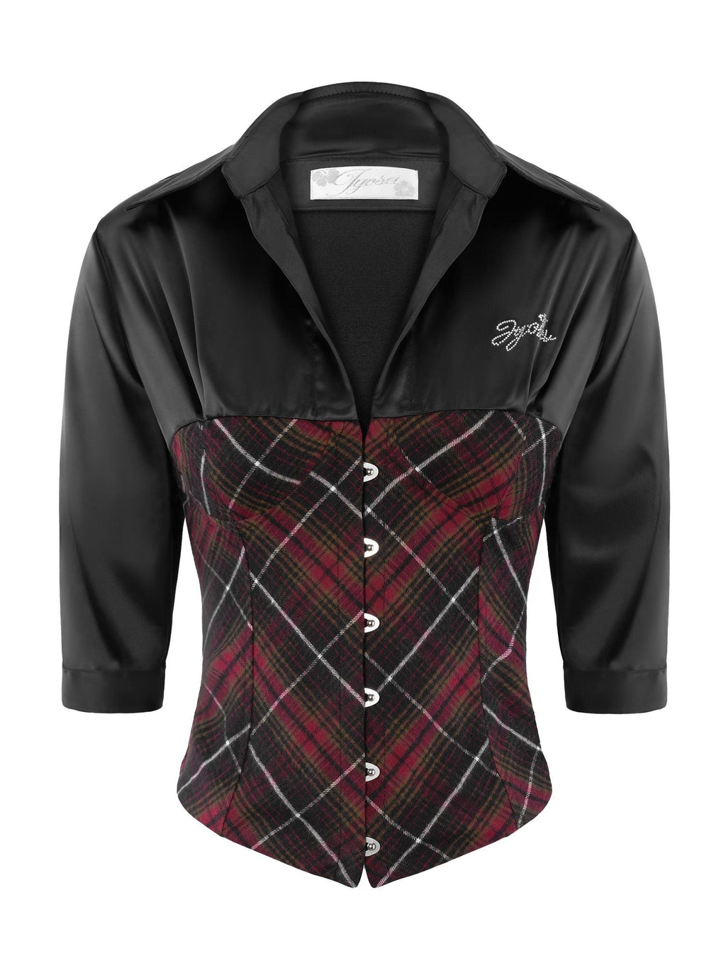JYOSEI Punk Plaid Lace Up Color Block Faux Two Piece Women's Cotton Blouses