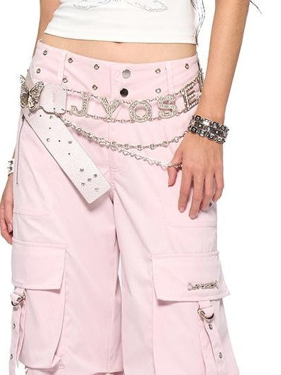 JYOSEI Riveted Metal Embellished Pocket Mid Low Rise Cargo Women's Polyester Wide-leg Pants