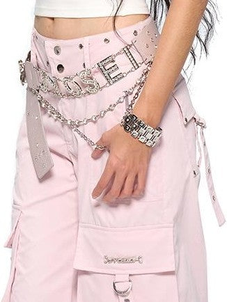 JYOSEI Riveted Metal Embellished Pocket Mid Low Rise Cargo Women's Polyester Wide-leg Pants
