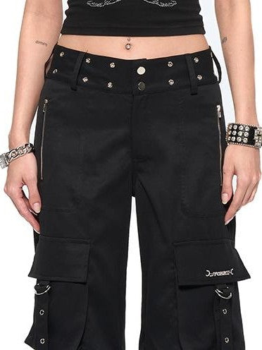 JYOSEI Riveted Metal Embellished Pocket Mid Low Rise Cargo Women's Polyester Wide-leg Pants
