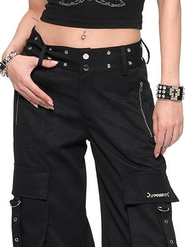JYOSEI Riveted Metal Embellished Pocket Mid Low Rise Cargo Women's Polyester Wide-leg Pants