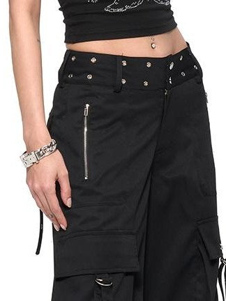 JYOSEI Riveted Metal Embellished Pocket Mid Low Rise Cargo Women's Polyester Wide-leg Pants