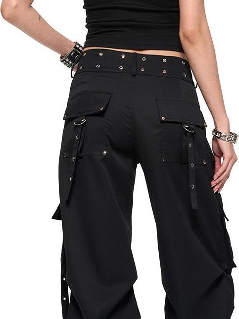 JYOSEI Riveted Metal Embellished Pocket Mid Low Rise Cargo Women's Polyester Wide-leg Pants