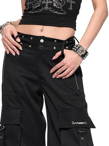 JYOSEI Riveted Metal Embellished Pocket Mid Low Rise Cargo Women's Polyester Wide-leg Pants
