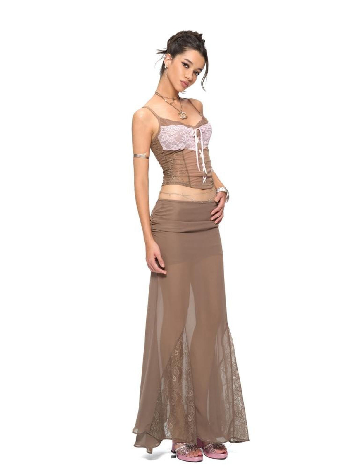 JYOSEI Ruched Lace Panel Low Waist Chiffon Fishtail Women's Maxi Skirts