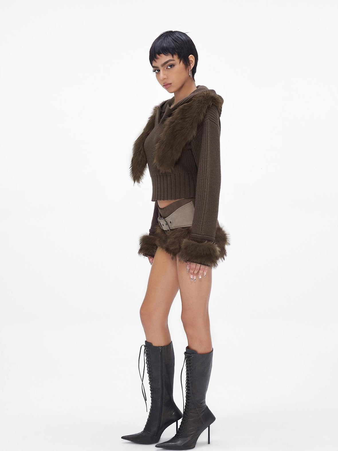 JYOSEI Spliced Hooded Knit Wool V-neck Women's Brown Suede Top & Shorts Sets