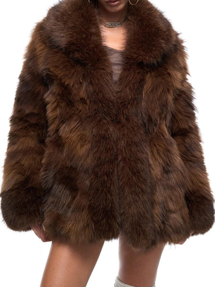 JYOSEI Vintage Gradient Faux Fur Spliced Women's Polyester Short Coats