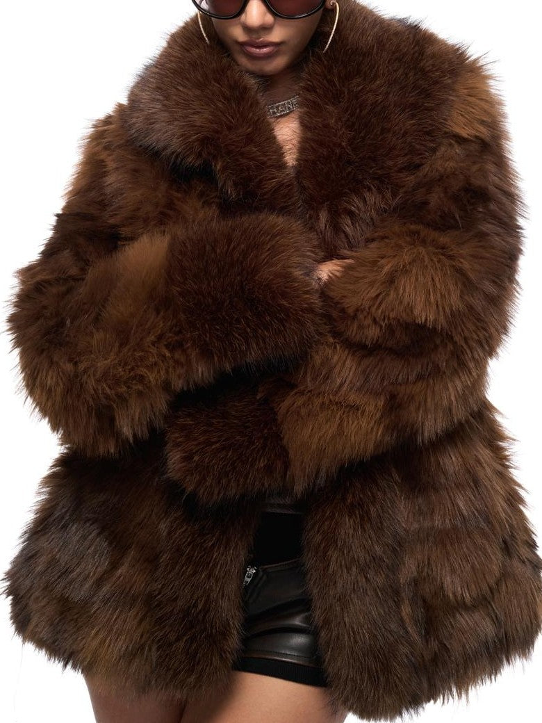 JYOSEI Vintage Gradient Faux Fur Spliced Women's Polyester Short Coats