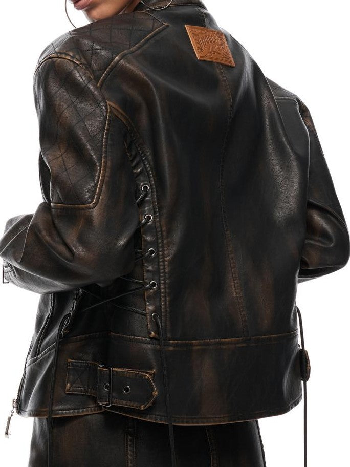 JYOSEI Washed Distressed Loose Fit Moto Zip Up Jacket Low Rise Mini Skirt Women's Top & Skirt Sets