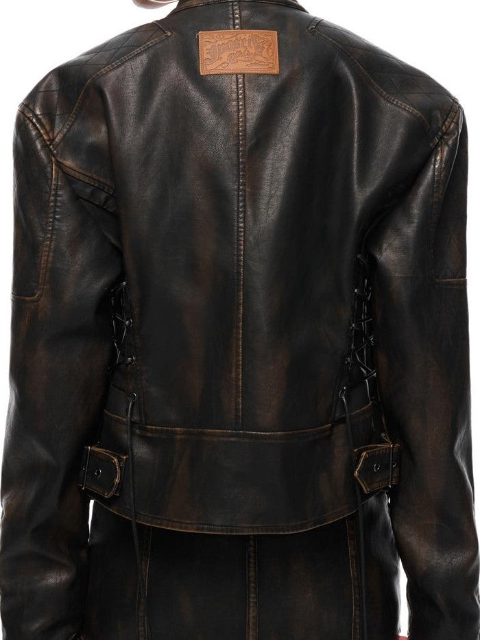 JYOSEI Washed Distressed Loose Fit Moto Zip Up Jacket Low Rise Mini Skirt Women's Top & Skirt Sets