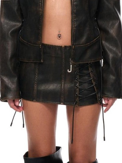 JYOSEI Washed Distressed Loose Fit Moto Zip Up Jacket Low Rise Mini Skirt Women's Top & Skirt Sets