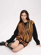 JYOSEI Zebra Print Embroidered V-neck Women's Knit Top & Skirt Sets