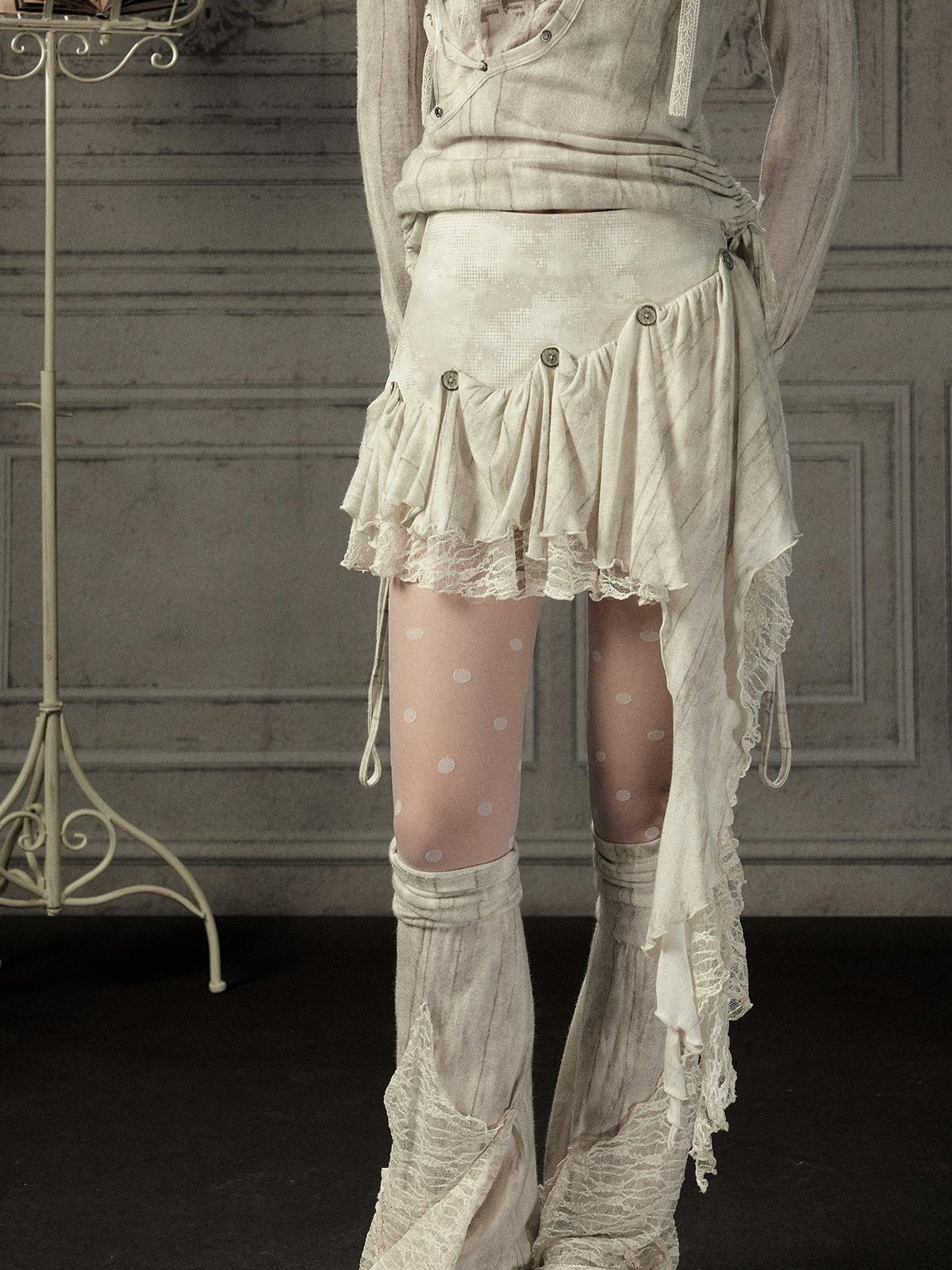 Lost in Lunar Asymmetric Lace Paneled Mid Waist Women's Nylon Mini Skirts