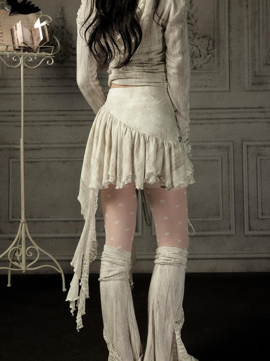 Lost in Lunar Asymmetric Lace Paneled Mid Waist Women's Nylon Mini Skirts