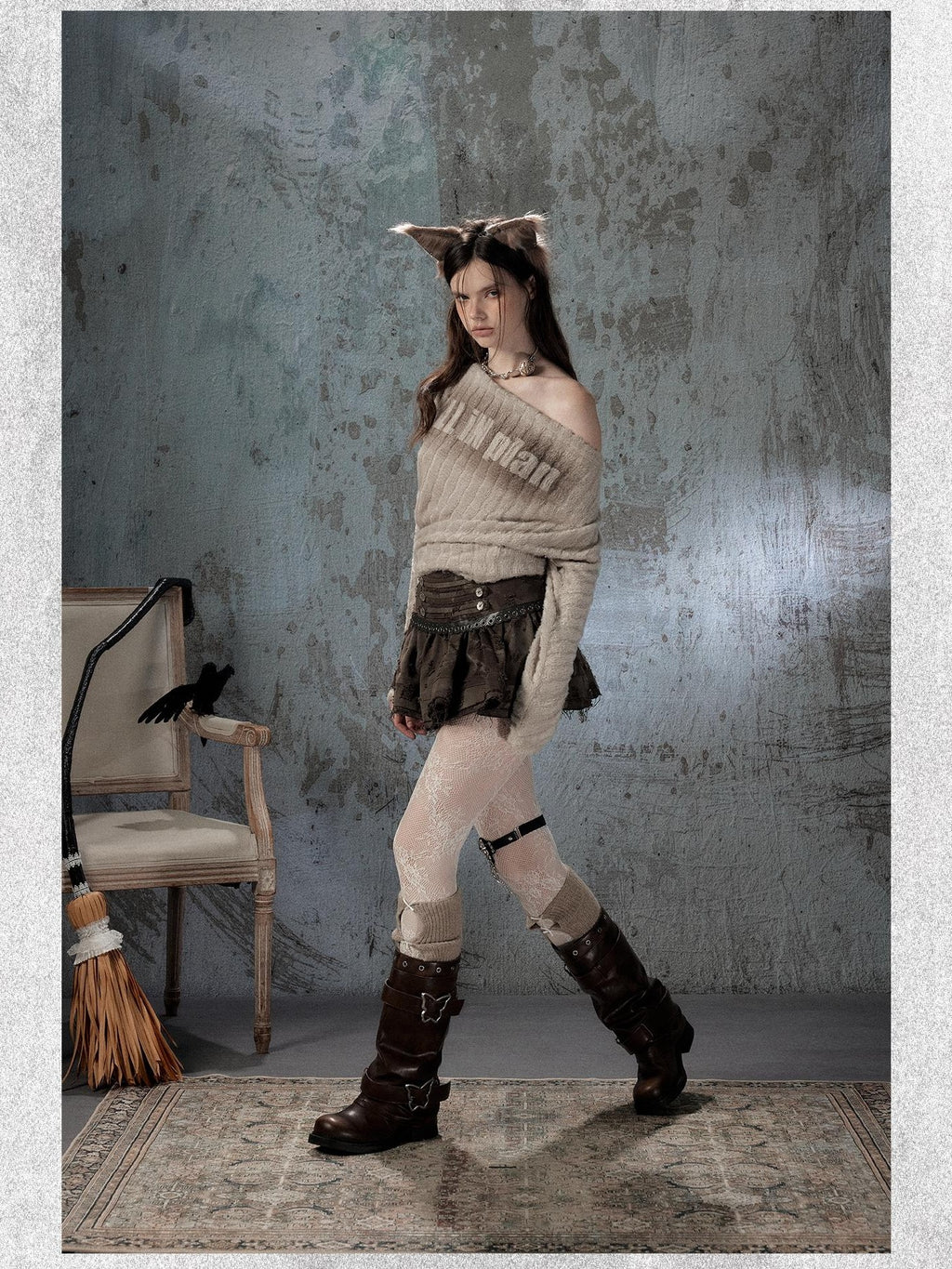Lost in Lunar Asymmetric One Shoulder Faux Fur Women's Wool Long Sleeve T-shirts