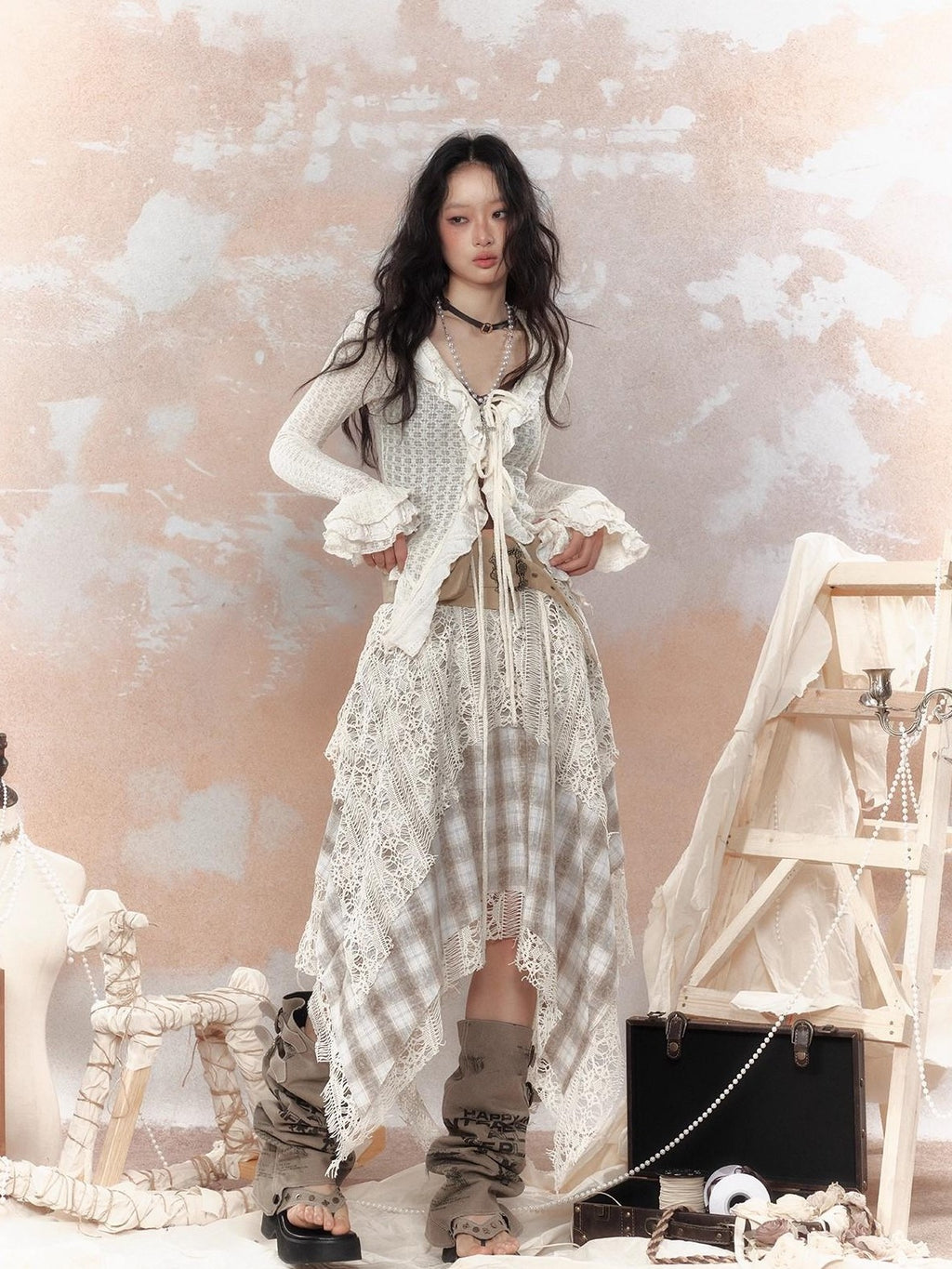 Lost in Lunar Asymmetric Plaid Lace Spliced Low Waist Loose Fit Women's Midi Skirts