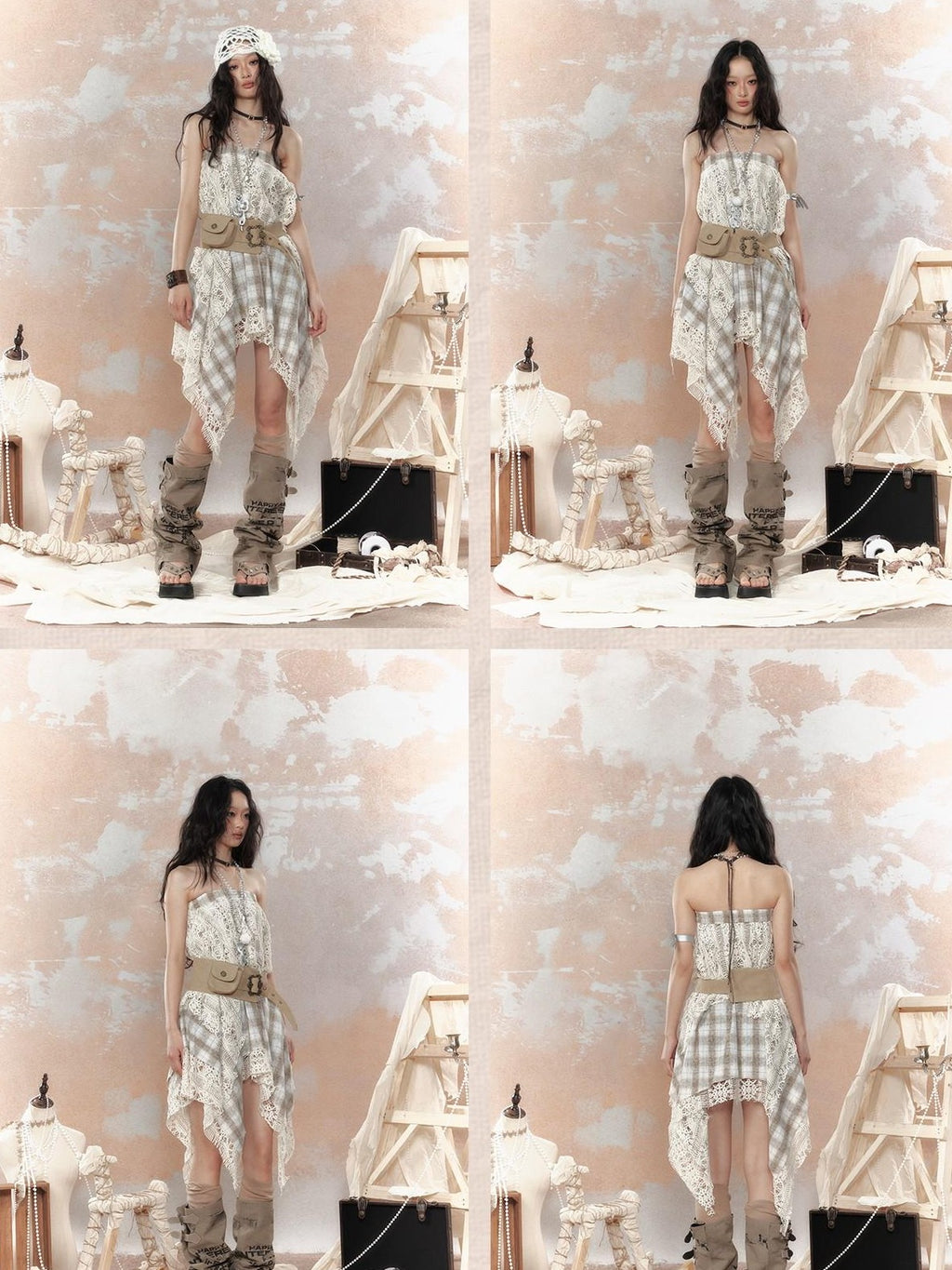 Lost in Lunar Asymmetric Plaid Lace Spliced Low Waist Loose Fit Women's Midi Skirts