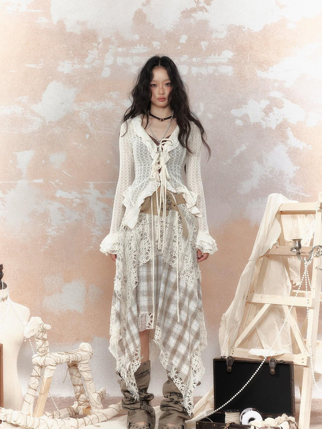 Lost in Lunar Asymmetric Plaid Lace Spliced Low Waist Loose Fit Women's Midi Skirts