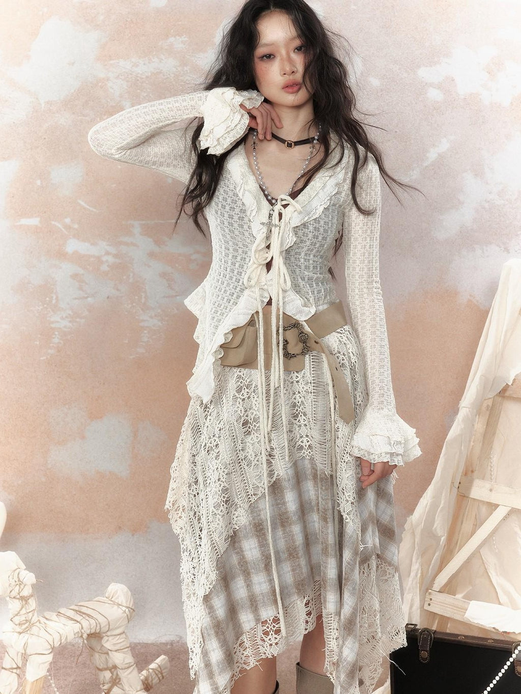 Lost in Lunar Asymmetric Plaid Lace Spliced Low Waist Loose Fit Women's Midi Skirts