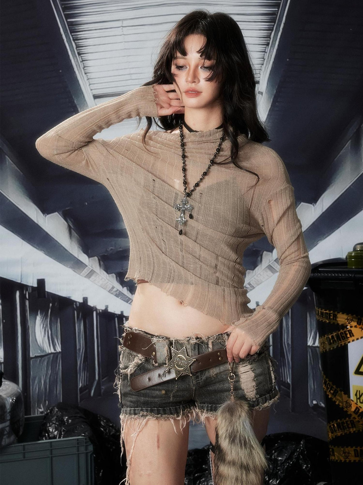 Lost in Lunar Asymmetric Shoulder Cutout Semi Sheer Knit Women's Long Sleeve T-shirts