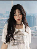 Lost in Lunar Batwing Sleeve Lapel Letter Print Belted Women's Polyester Short Sleeve T-shirts