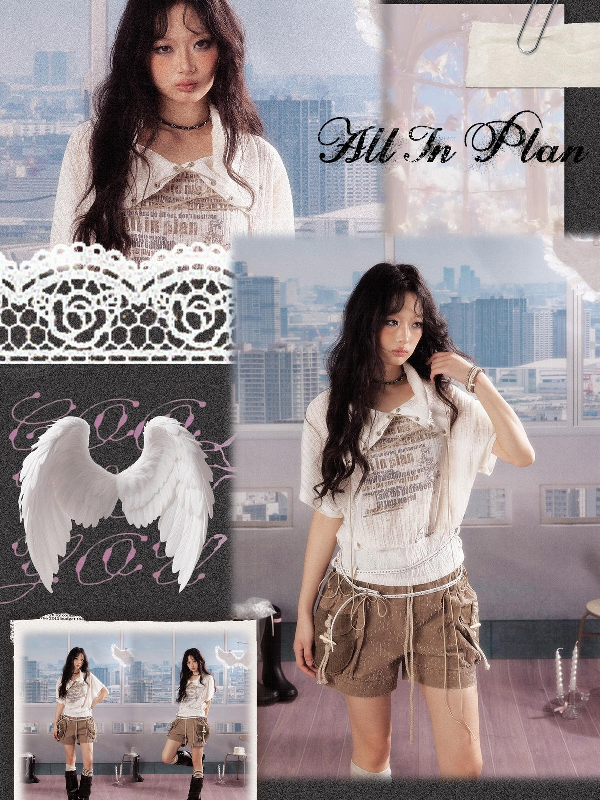 Lost in Lunar Batwing Sleeve Lapel Letter Print Belted Women's Polyester Short Sleeve T-shirts