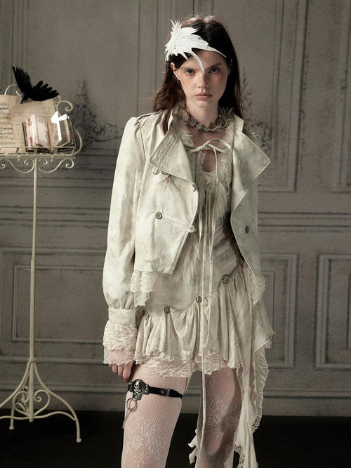 Lost in Lunar Beige Asymmetric Lace Lapel Slim Fit Women's Leather Jackets