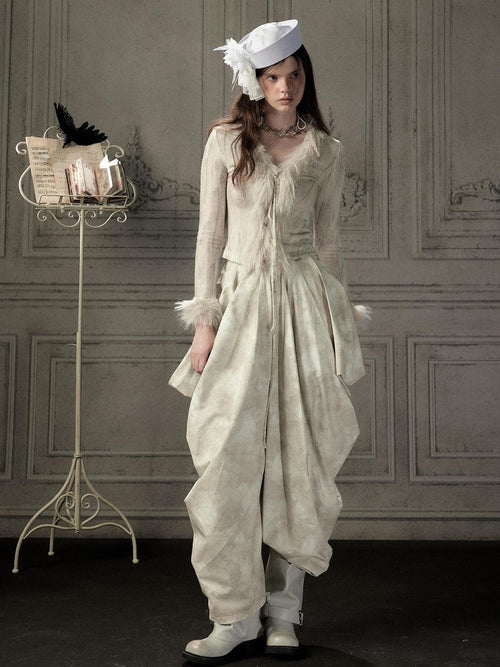 Lost in Lunar Beige Asymmetric Pleated Draped Women's Viscose Wide-leg Pants