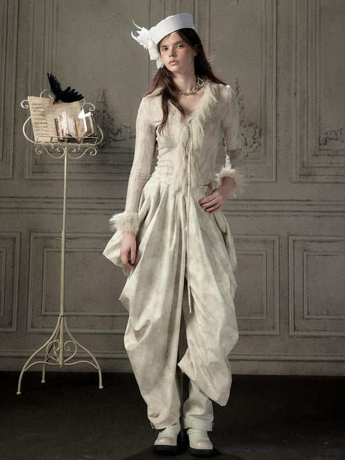 Lost in Lunar Beige Asymmetric Pleated Draped Women's Viscose Wide-leg Pants
