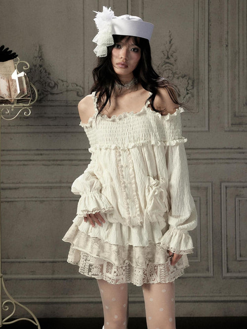 Lost in Lunar Beige Lace Panel Off Shoulder Cotton Women's Slip Mini Dresses