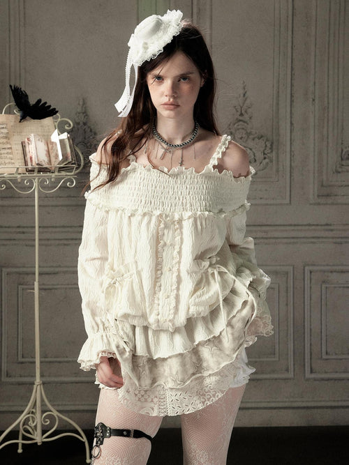 Lost in Lunar Beige Lace Panel Off Shoulder Cotton Women's Slip Mini Dresses