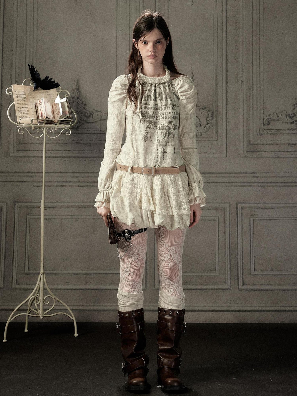 Lost in Lunar Beige Lace Spliced Halter Long Sleeve Women's Casual Mini Dresses
