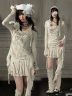 Lost in Lunar Beige Lace Spliced Hooded Women's Nylon Long Sleeve T-shirts