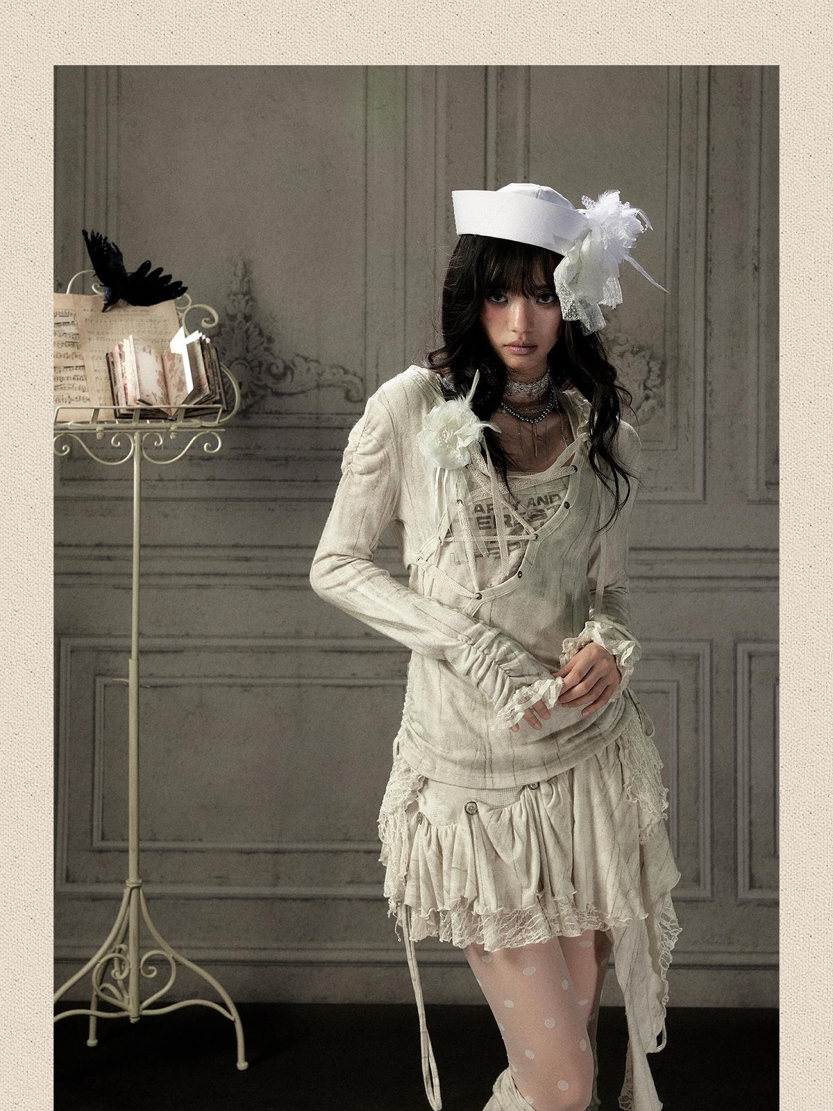 Lost in Lunar Beige Lace Spliced Hooded Women's Nylon Long Sleeve T-shirts