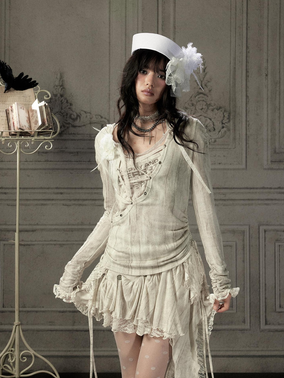 Lost in Lunar Beige Lace Spliced Hooded Women's Nylon Long Sleeve T-shirts