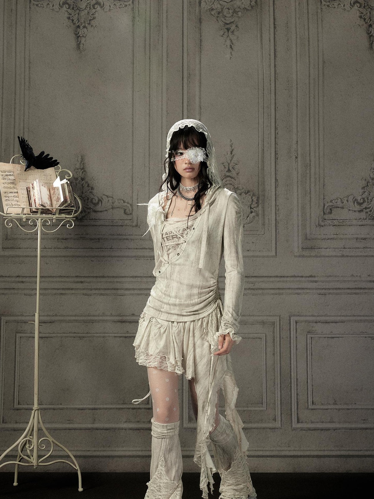 Lost in Lunar Beige Lace Spliced Hooded Women's Nylon Long Sleeve T-shirts