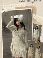 Lost in Lunar Beige Lace Spliced Hooded Women's Nylon Long Sleeve T-shirts