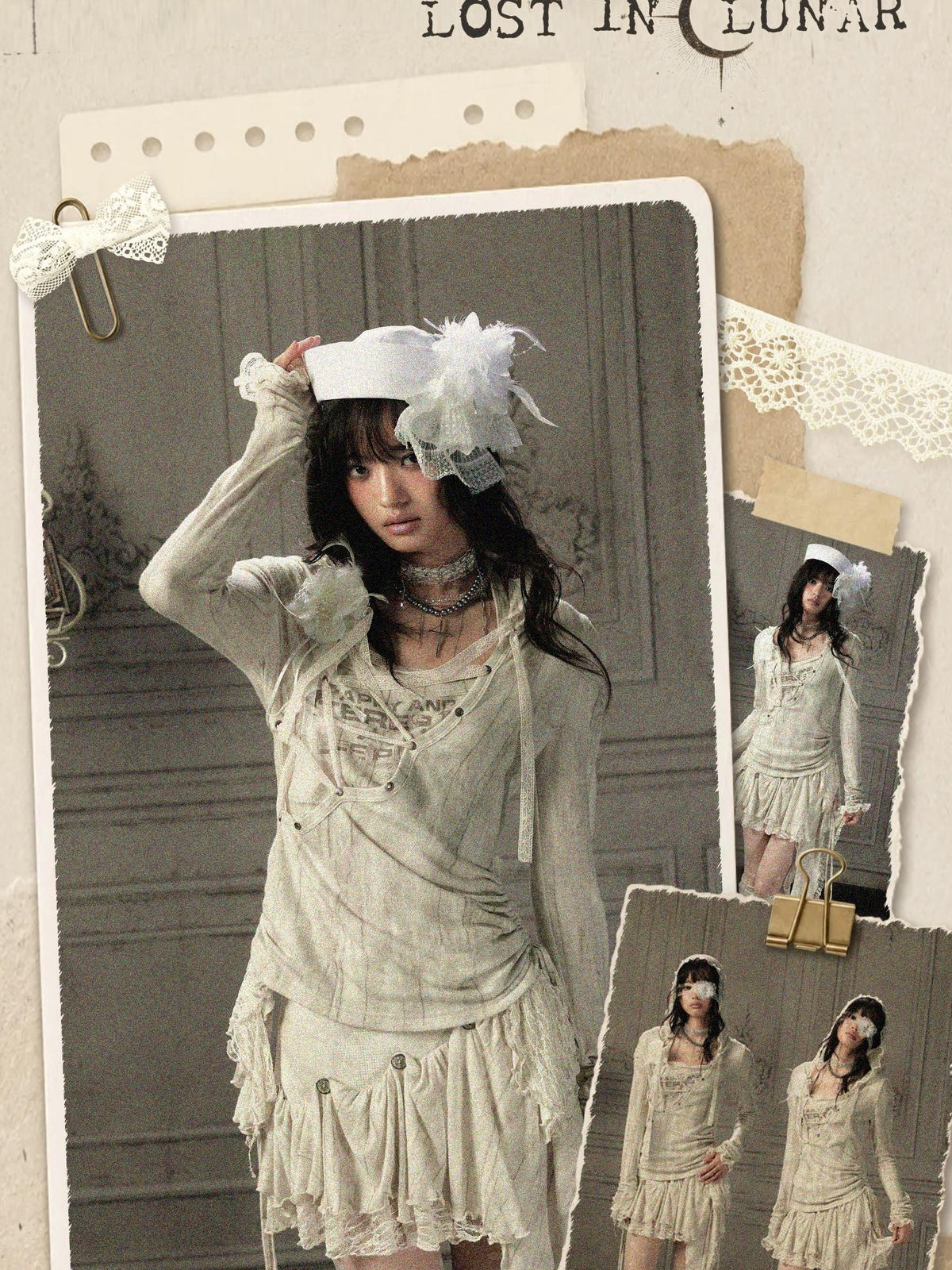 Lost in Lunar Beige Lace Spliced Hooded Women's Nylon Long Sleeve T-shirts