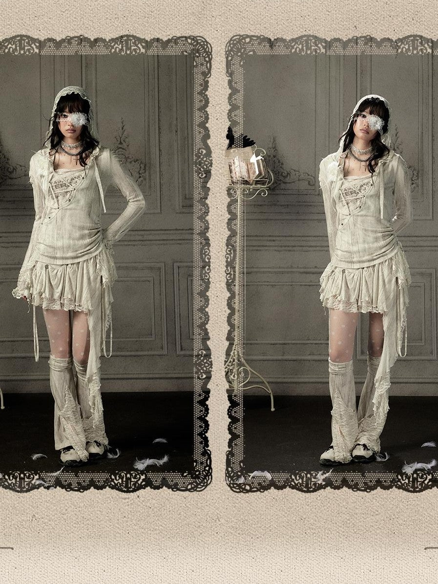 Lost in Lunar Beige Lace Spliced Hooded Women's Nylon Long Sleeve T-shirts