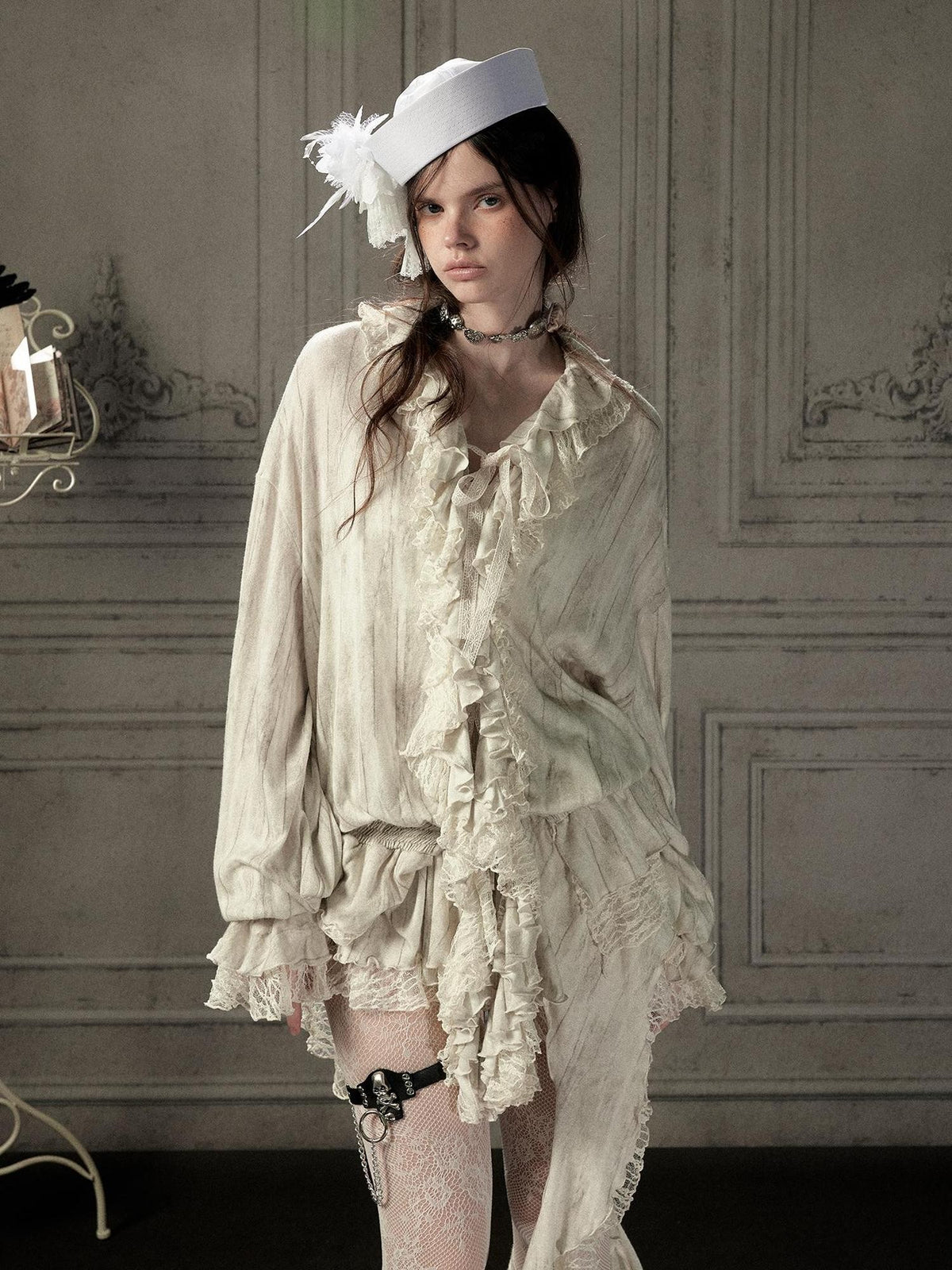 Lost in Lunar Beige V-neck Ruffle Lace Trim Long Sleeve Women's Polyamide Blouses