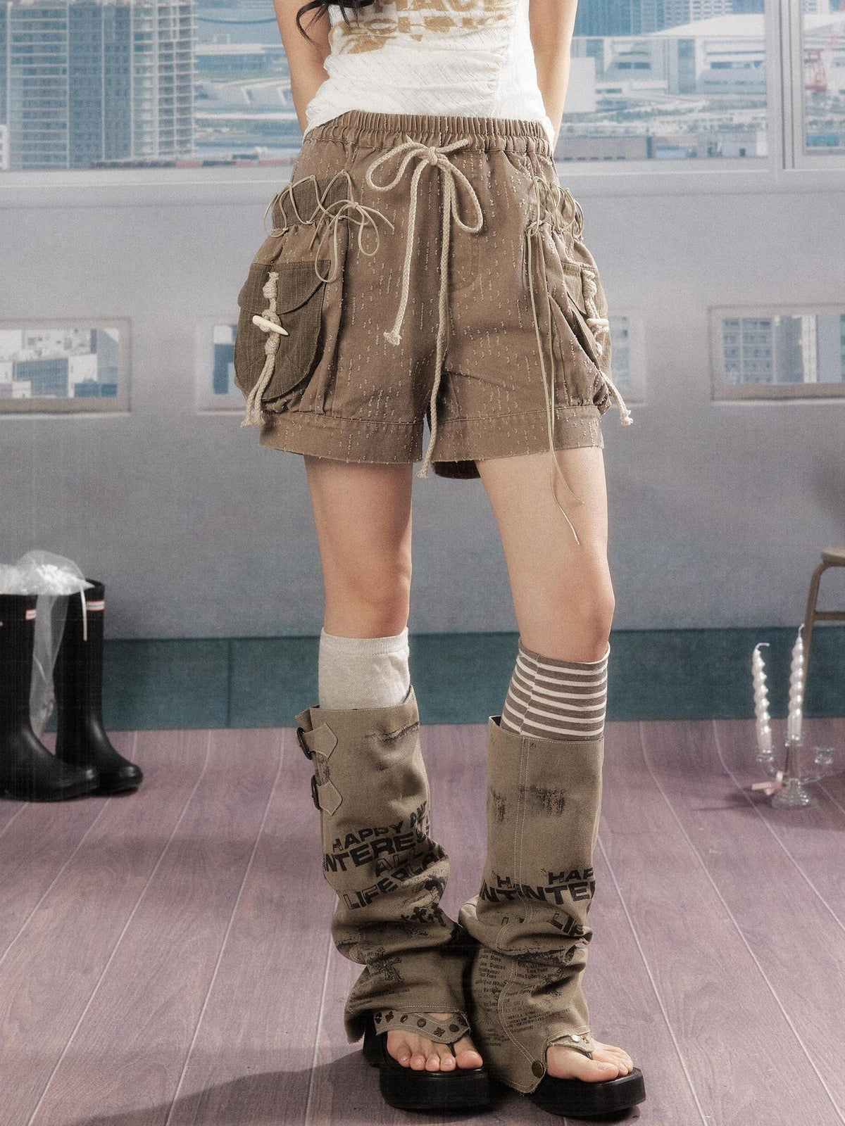 Lost in Lunar Distressed Drawstring American Style Women's Cotton Cargo Short Trousers
