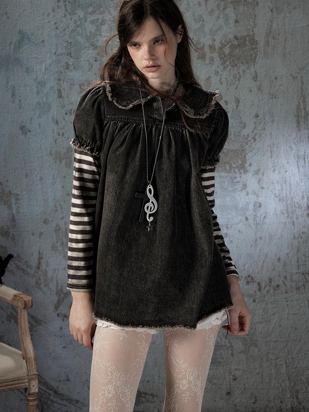 Lost in Lunar Distressed Striped Denim Doll Collar Women's Cotton Casual Mini Dresses