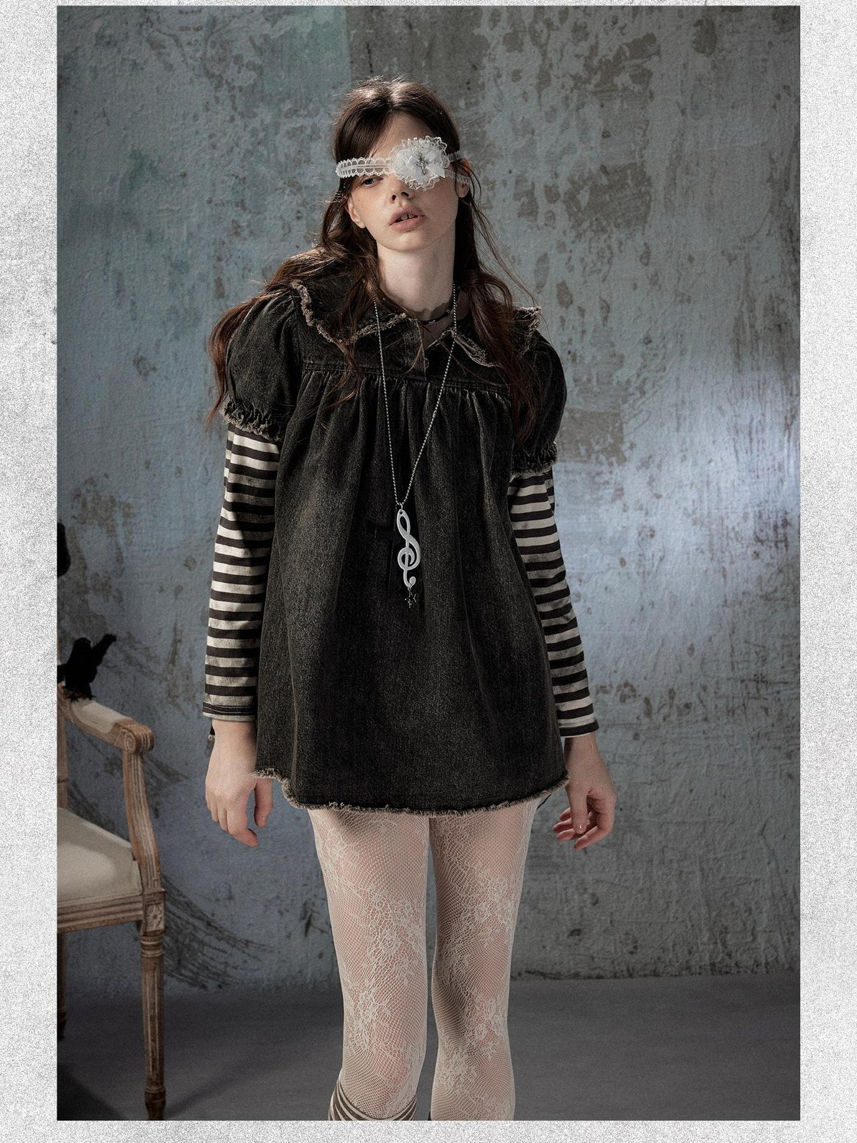 Lost in Lunar Distressed Striped Denim Doll Collar Women's Cotton Casual Mini Dresses